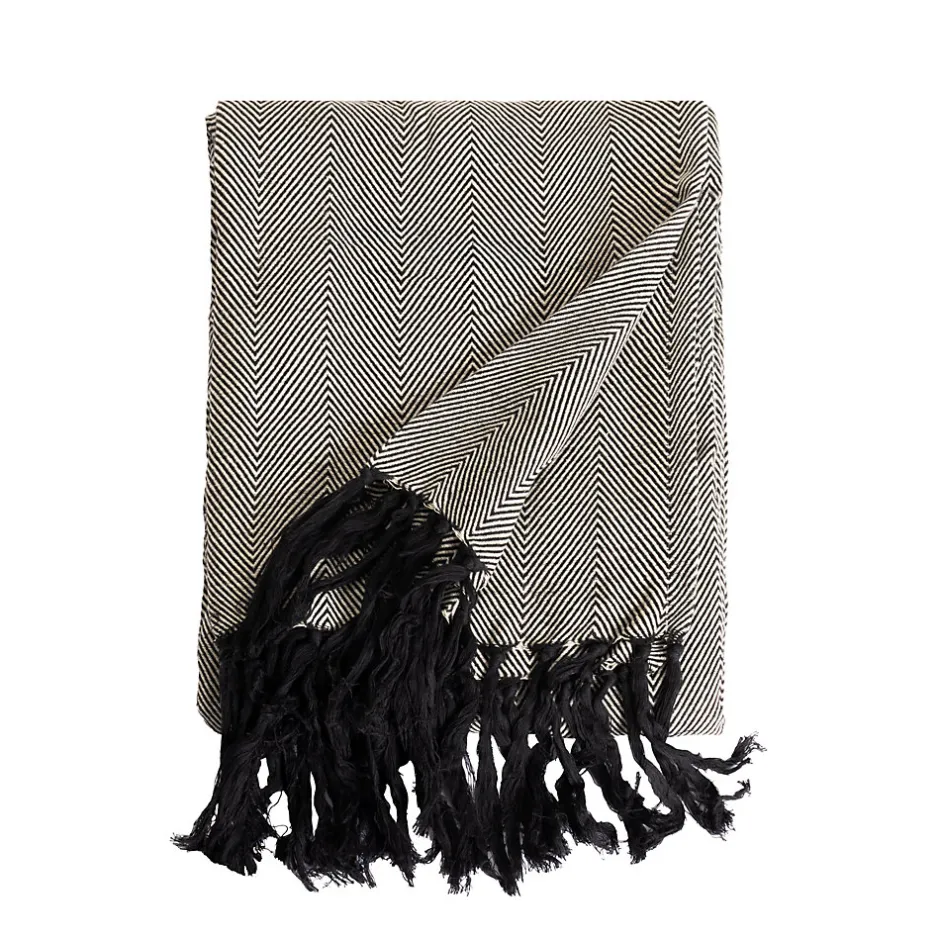 Sacasa Couverture plaid 100% coton noire avec franges ZIGGY -
