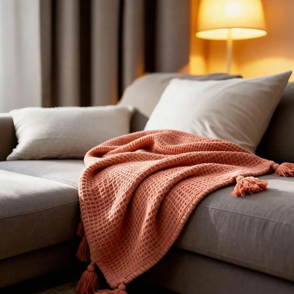 Sacasa Couverture plaid 100% coton rose saumon avec pompons 130x170cm ARNISKA -