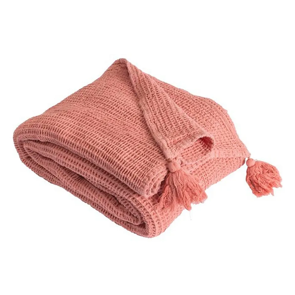Sacasa Couverture plaid 100% coton rose saumon avec pompons 130x170cm ARNISKA -