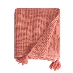 Sacasa Couverture plaid 100% coton rose saumon avec pompons 130x170cm ARNISKA -