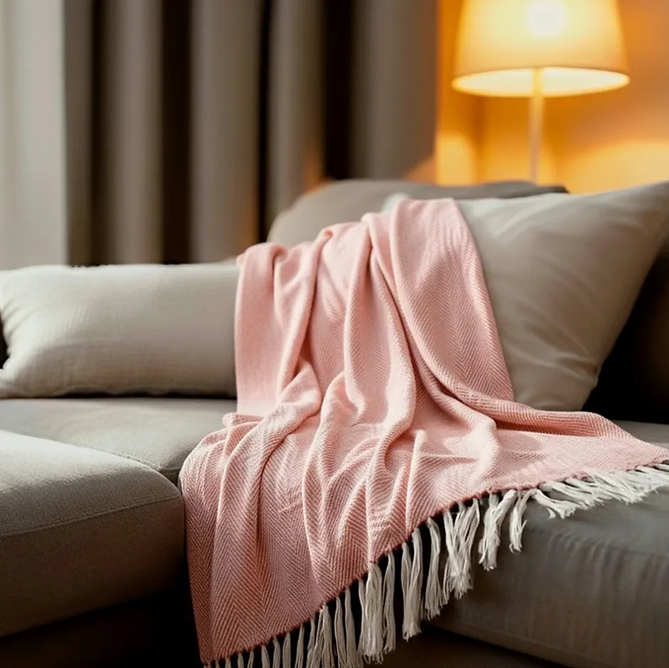 Sacasa Couverture plaid 100% coton rose saumon avec franges 180x220cm ZIGORA - New