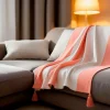 Sacasa Couverture plaid 100% coton rose saumon avec pompons 130x170cm SLAVANN - Hot