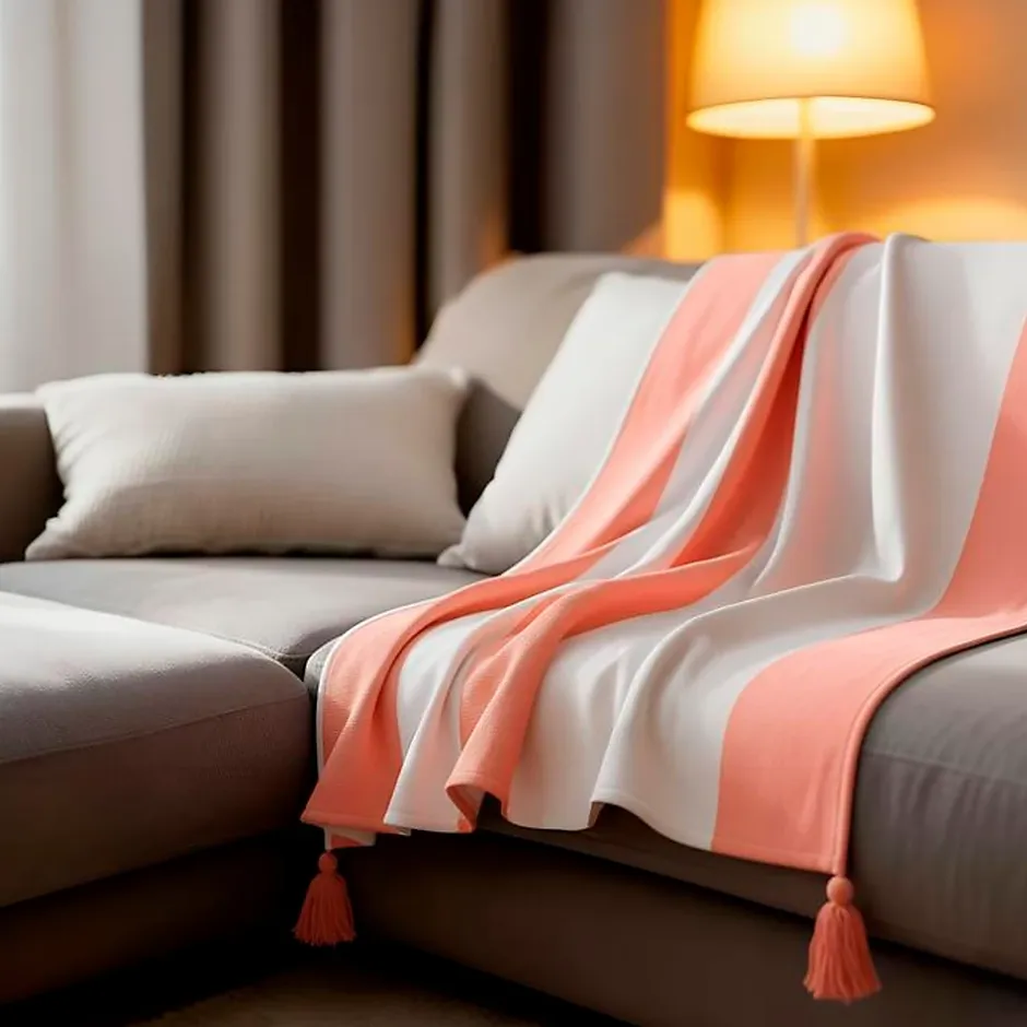 Sacasa Couverture plaid 100% coton rose saumon avec pompons 130x170cm SLAVANN - Hot
