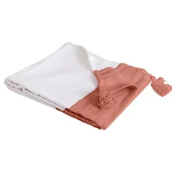 Sacasa Couverture plaid 100% coton rose saumon avec pompons 130x170cm SLAVANN - Hot