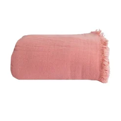 Sacasa Couverture plaid 100% coton rose saumon avec franges 180x220cm BITALD -
