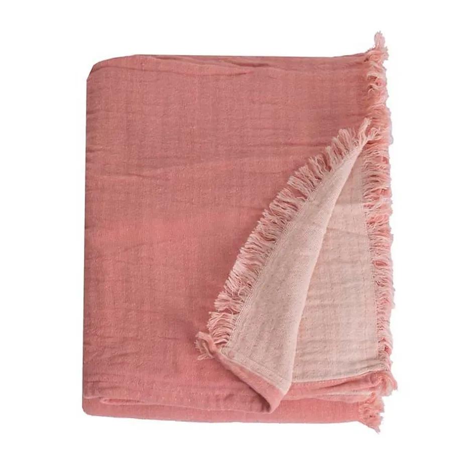 Sacasa Couverture plaid 100% coton rose saumon avec franges 180x220cm BITALD -