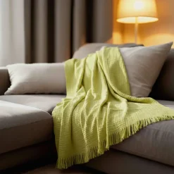 Sacasa Couverture plaid 100% coton vert citron avec franges 130x170cm BITALD - Online