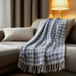 Sacasa Couverture plaid DROPALL 100% coton bleu marine et blanc 130x170 cm -