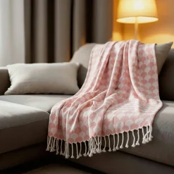 Sacasa Couverture plaid DROPALL en coton 100% - Rose saumon et blanc avec franges -