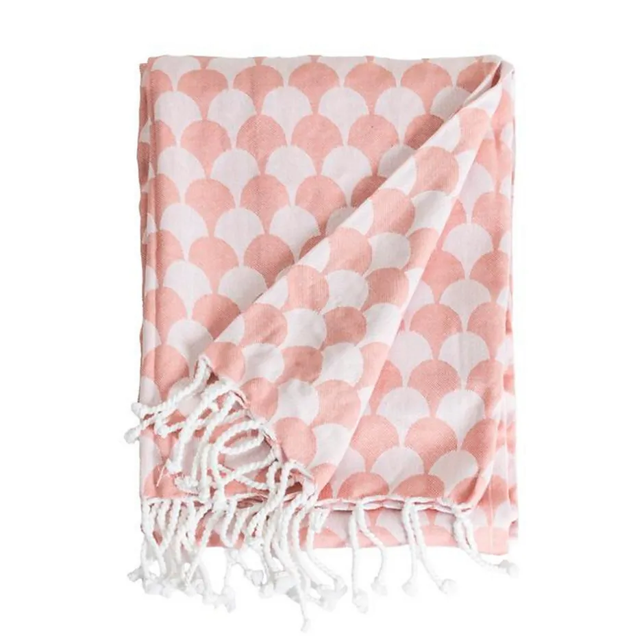 Sacasa Couverture plaid DROPALL en coton 100% - Rose saumon et blanc avec franges -