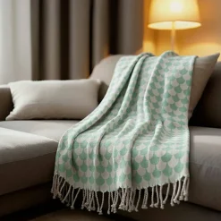 Sacasa Couverture plaid en coton 100% vert à franges - DROPALL -