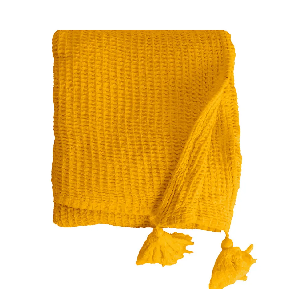 Sacasa Couverture plaid jaune en coton 100% avec franges - 130x170 cm -