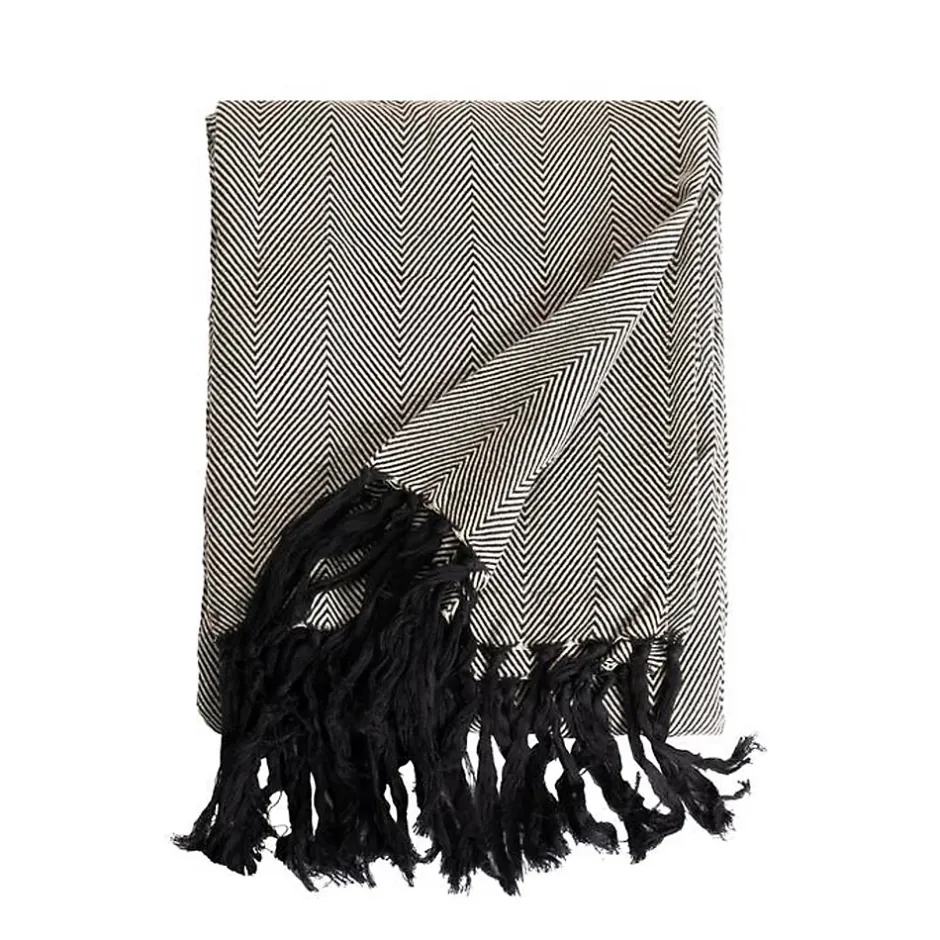 Sacasa Couverture plaid ZIGORA en coton 100 % - Noir avec franges 180x220 cm - Best