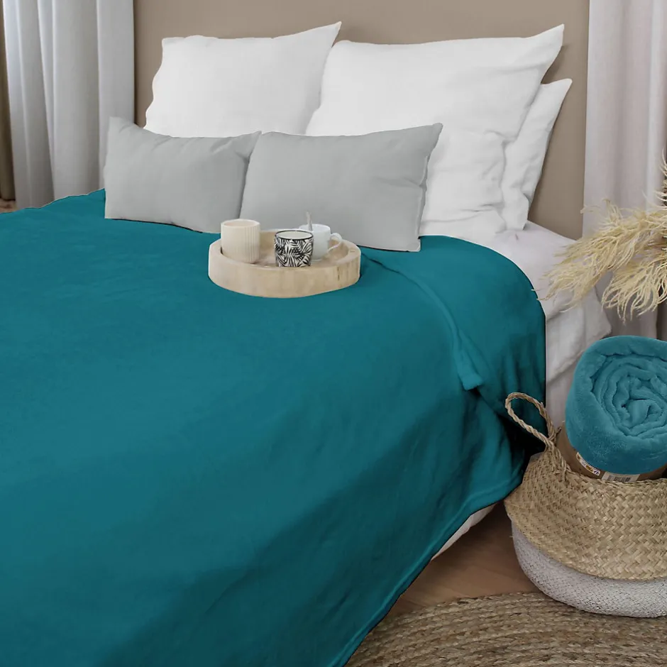 Home Maison Couverture unie en molleton (180x220 cm - Bleu Canard)