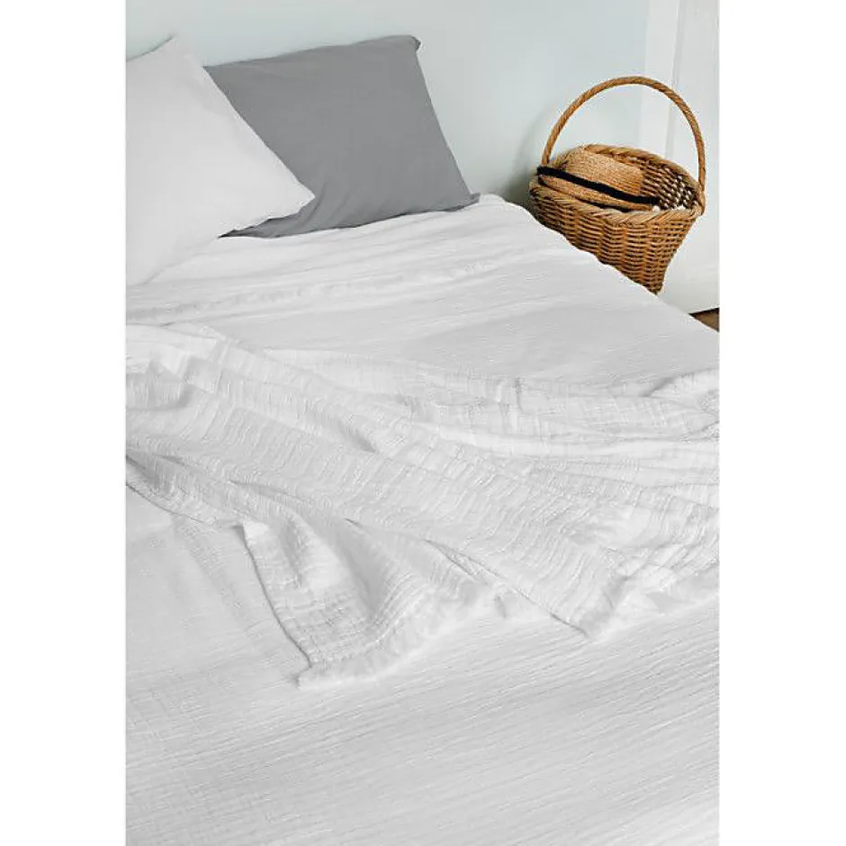 Toison d'Or Couvre lit à franges "Brehat" Gaze de Coton stonewashed - Brehat Blanc - 230 x 250 cm