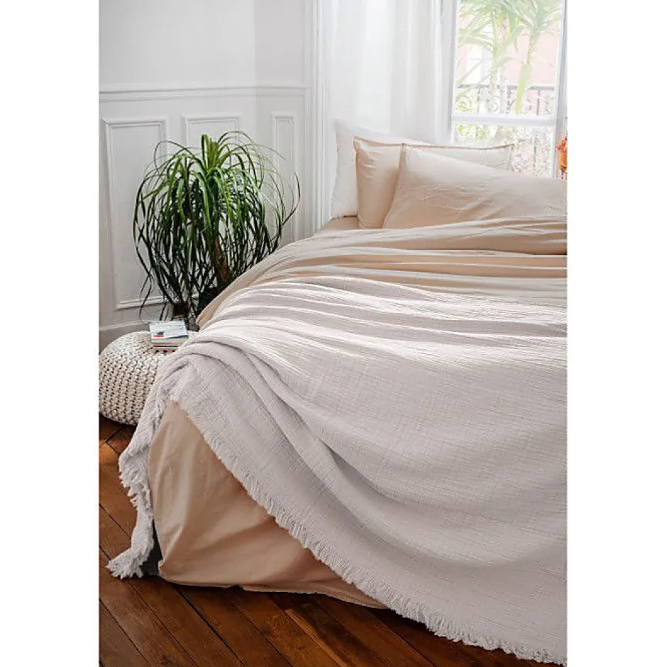 Toison d'Or Couvre lit à franges "Brehat" Gaze de Coton stonewashed - Brehat Blanc - 230 x 250 cm