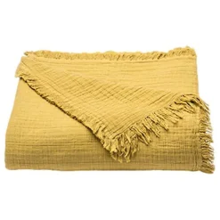 Toison d'Or Couvre lit à franges "Brehat" Gaze de Coton stonewashed - Brehat Miel - 270 x 250 cm