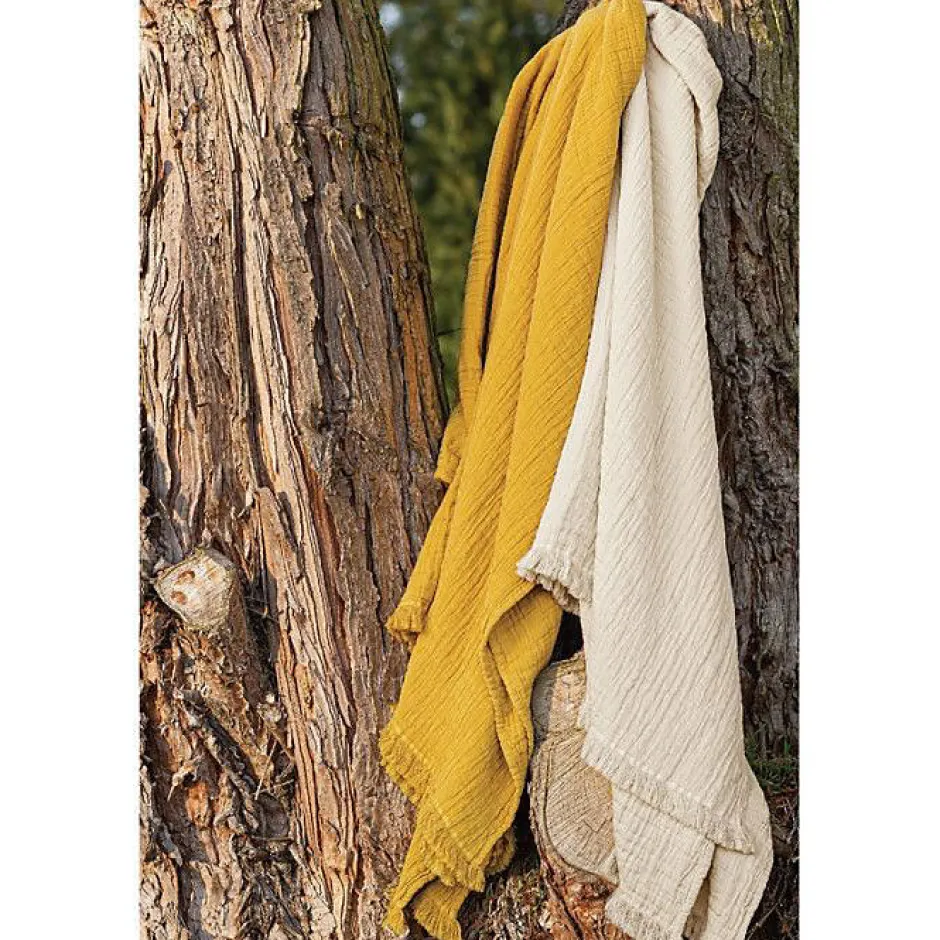Toison d'Or Couvre lit à franges "Brehat" Gaze de Coton stonewashed - Brehat Miel - 180 x 250 cm