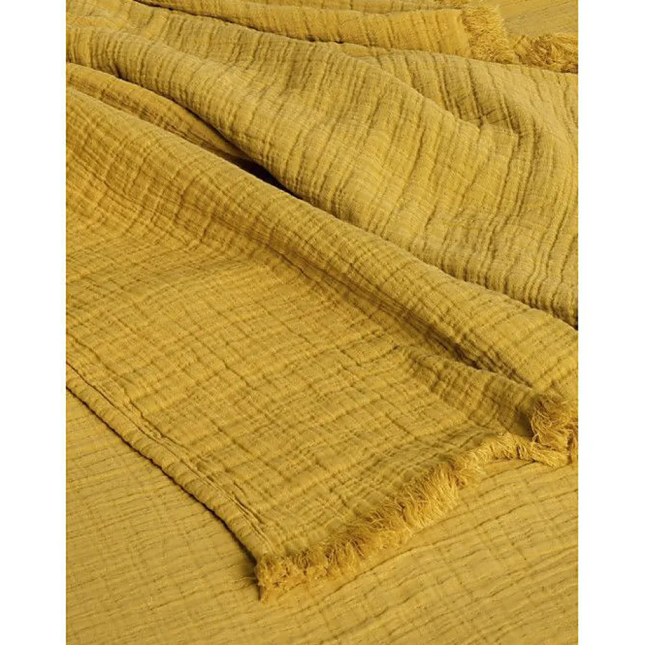 Toison d'Or Couvre lit à franges "Brehat" Gaze de Coton stonewashed - Brehat Miel - 180 x 250 cm