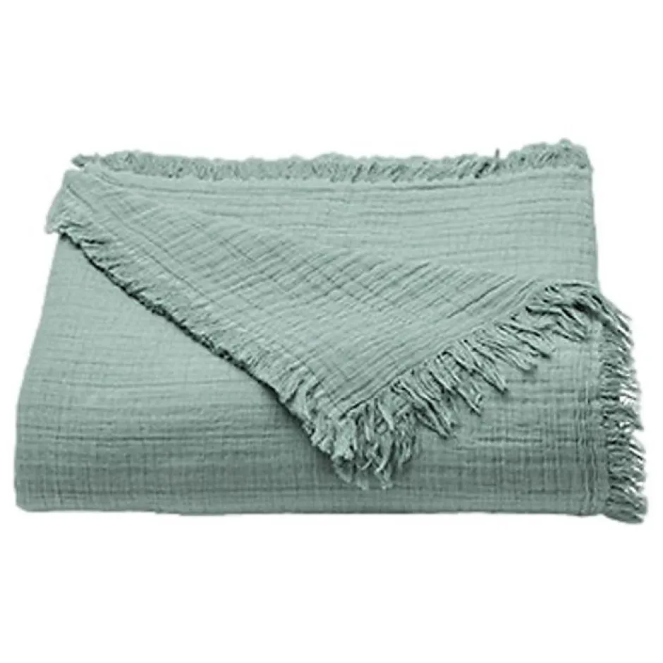 Toison d'Or Couvre lit à franges "Brehat" Gaze de Coton stonewashed - Brehat Lichen - 230 x 250 cm