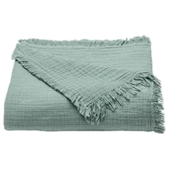 Toison d'Or Couvre lit à franges "Brehat" Gaze de Coton stonewashed - Brehat Lichen - 180 x 250 cm