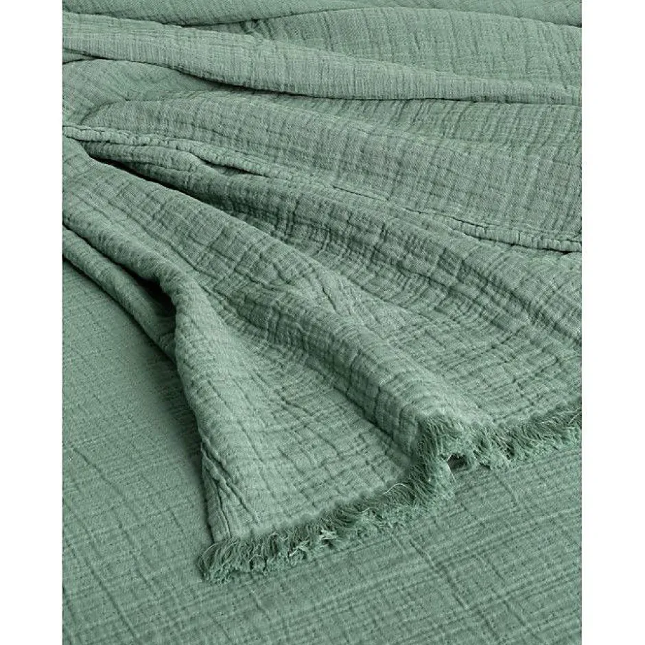 Toison d'Or Couvre lit à franges "Brehat" Gaze de Coton stonewashed - Brehat Lichen - 180 x 250 cm
