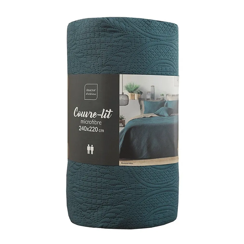 Douceur D'Intérieur Couvre-lit 2 personnes matelassé 220x240 microfibre unie Romane bleu Hot