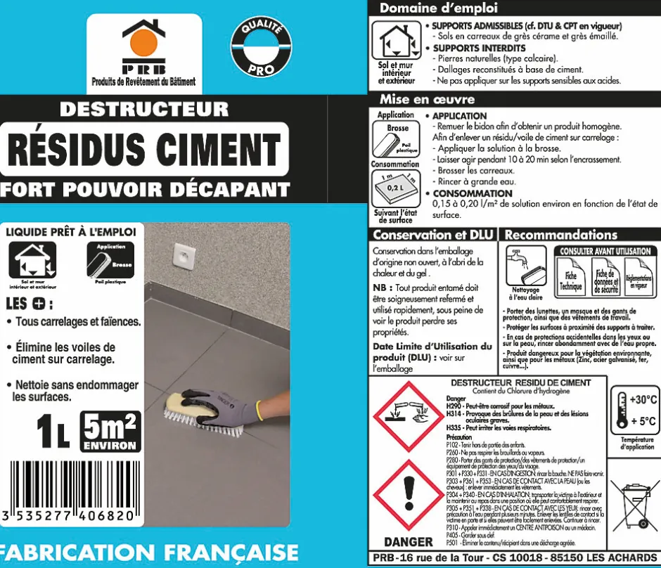 Prb Décapant Résidus de Ciment 1L - Nettoyant Puissant Ciment et Laitance - Usage Intérieur/Extérieur sur Sols, Murs et Façades