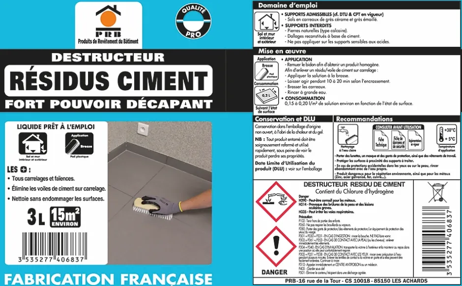 Prb Décapant Résidus de Ciment 3L - Nettoyant Puissant Ciment et Laitance - Usage Intérieur/Extérieur Sols, Murs et Façades Hot