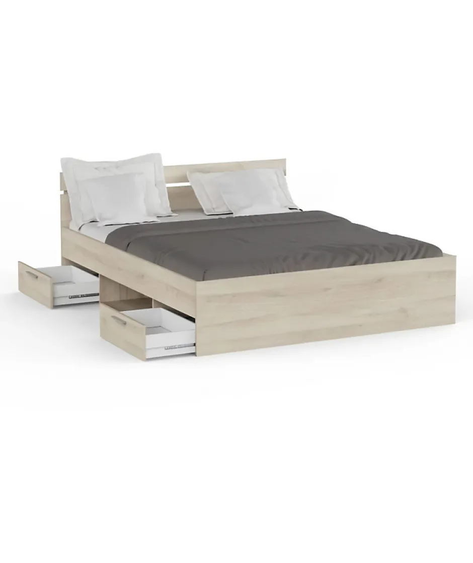 Demeyere Lit adulte MICHIGAN - 160 x 200 cm - Mulitiples rangements - Chene brossé Discount