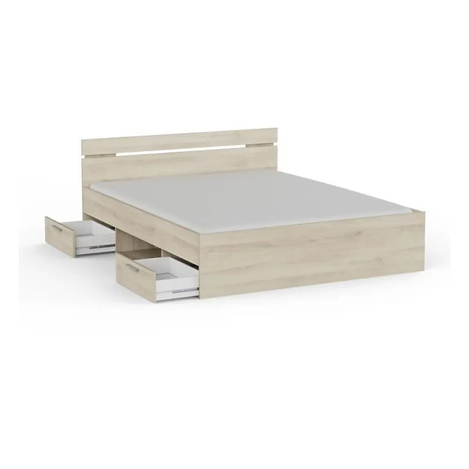 Demeyere Lit adulte MICHIGAN - 160 x 200 cm - Mulitiples rangements - Chene brossé Discount