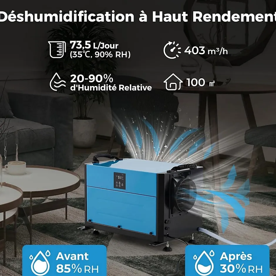 Giantex Deshumidificateur d Air Industriel 73,5L/Jour, 20%-90% Humidité, 2 Méthodes Drainage, Bleu Best