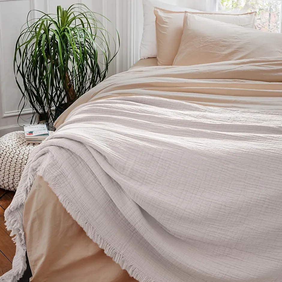Linnea Dessus de lit frange 270x250 cm BREHAT 100% gaze de coton blanc