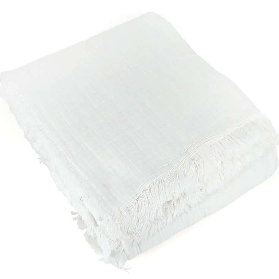 Linnea Dessus de lit frange 270x250 cm BREHAT 100% gaze de coton blanc