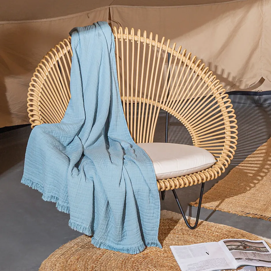 Linnea Dessus de lit 230x250 cm BREHAT 100% gaze de coton bleu orage