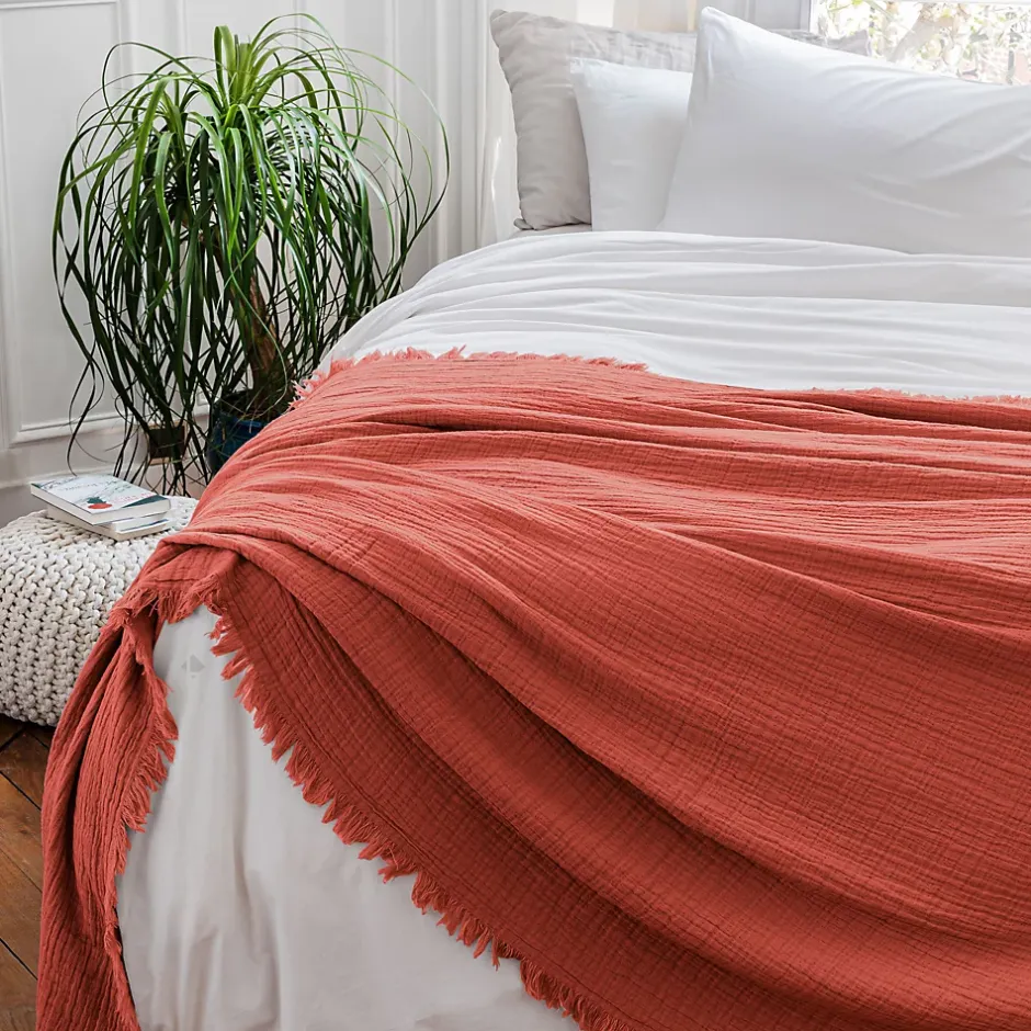 Linnea Dessus de lit 180x250 cm BREHAT 100% gaze de coton orange corail New