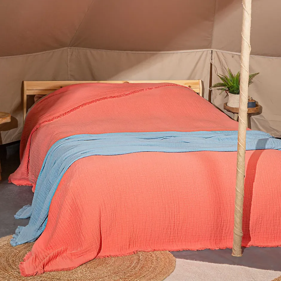 Linnea Dessus de lit 180x250 cm BREHAT 100% gaze de coton orange corail New