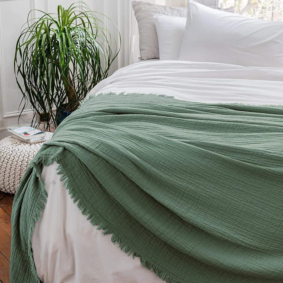 Linnea Dessus de lit 230x250 cm BREHAT 100% gaze de coton vert lichen
