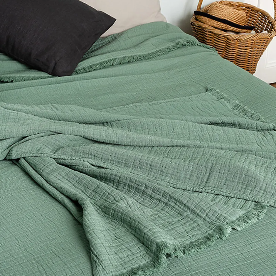 Linnea Dessus de lit 230x250 cm BREHAT 100% gaze de coton vert lichen