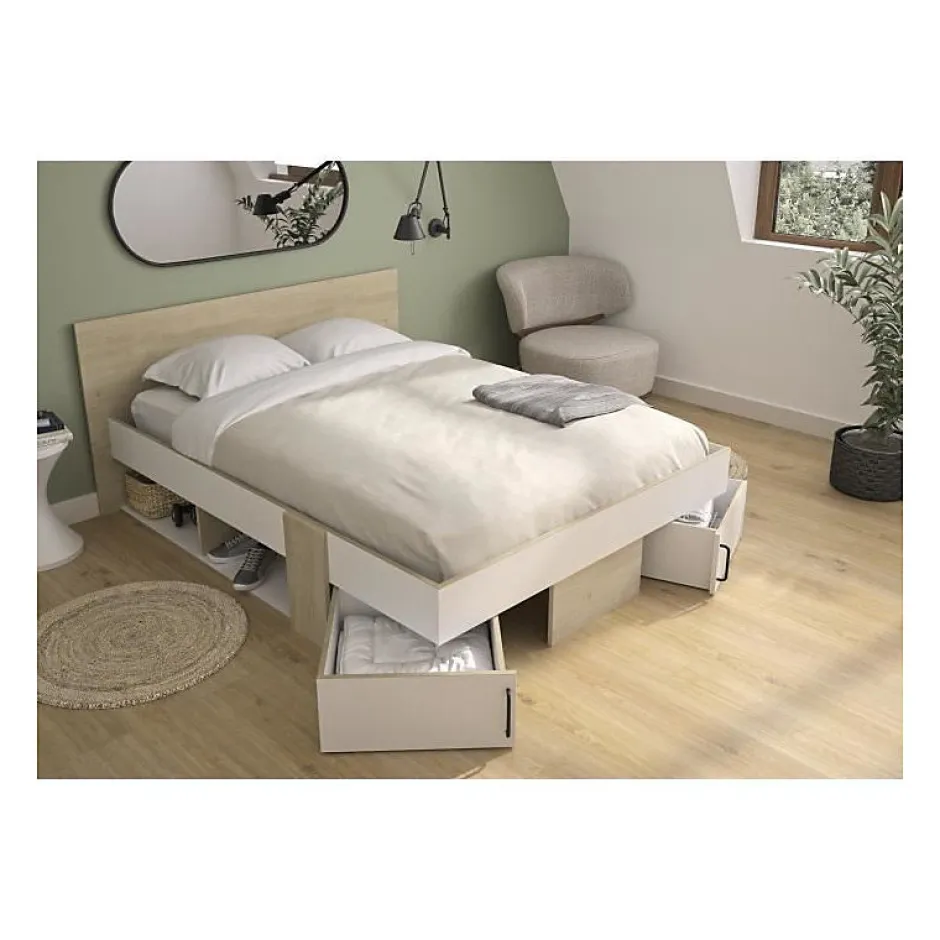 Diagone Lit adulte avec tiroirs de rangement - Chene et blanc - 140 x 190 - SWIVEL