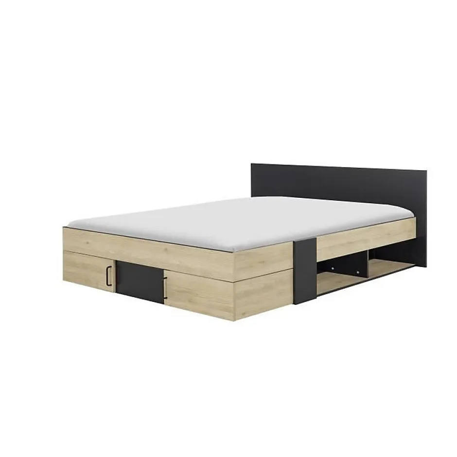 Diagone Lit adulte avec tiroirs de rangement - Chataignier et noir - 160 x 200 - SWIVEL New