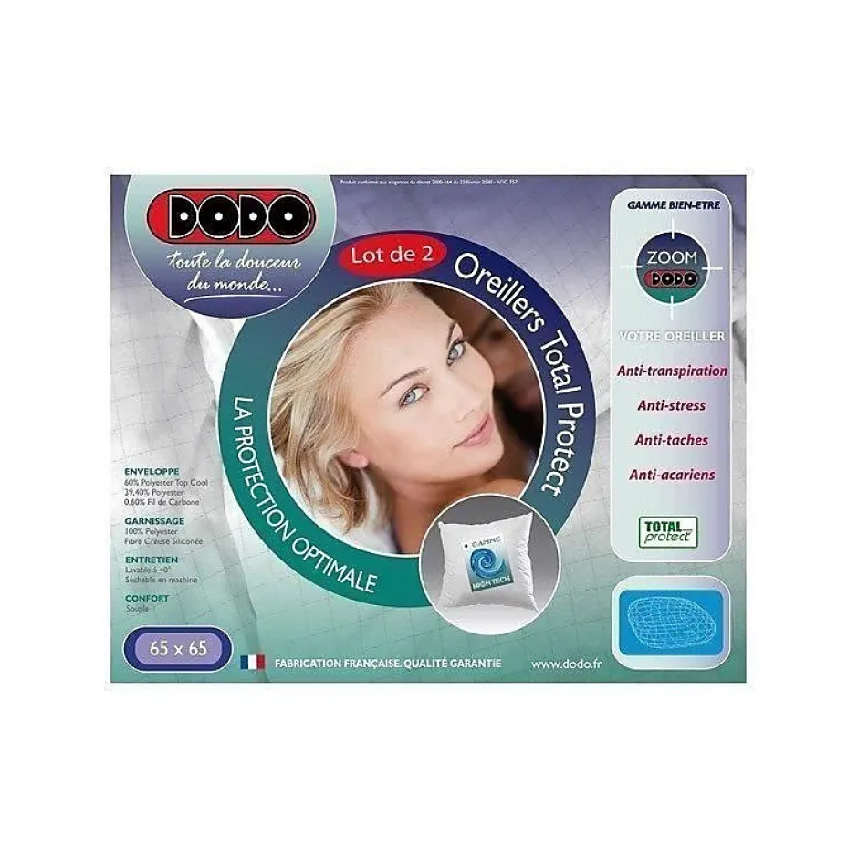 Dodo Lot de 2 oreillers Total Protect 65x65 cm blanc New