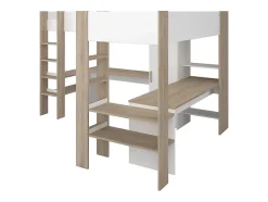 Vente-unique Double lit mezzanine d'angle 2 x 90 x 200 cm - Avec rangements et bureaux - Blanc et naturel - LASCANO Clearance