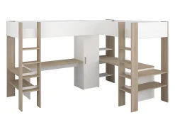 Vente-unique Double lit mezzanine d'angle 2 x 90 x 200 cm - Avec rangements et bureaux - Blanc et naturel - LASCANO Clearance