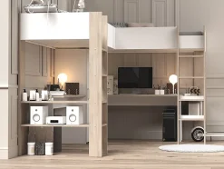 Vente-unique Double lit mezzanine d'angle 2 x 90 x 200 cm - Avec rangements et bureaux - Blanc et naturel - LASCANO Clearance