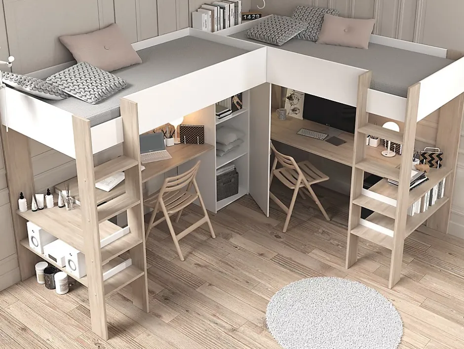 Vente-unique Double lit mezzanine d'angle 2 x 90 x 200 cm - Avec rangements et bureaux - Blanc et naturel - LASCANO Clearance