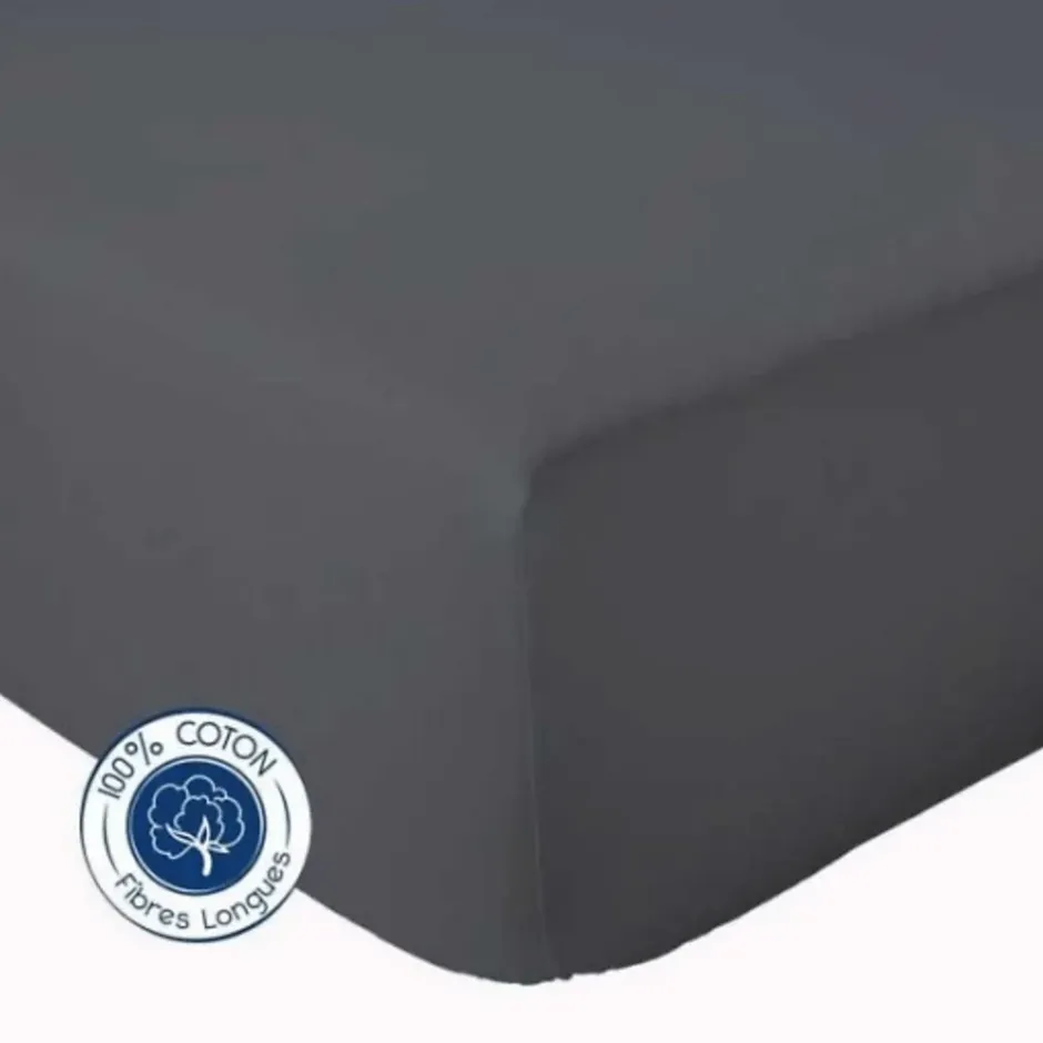 Tradilinge Drap Housse coton bonnet 23 cm fabriqué en France (90x190 cm - Gris Foncé)