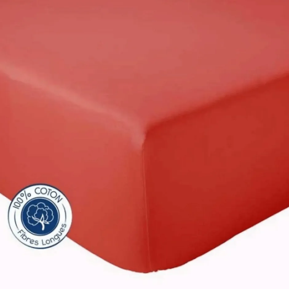Tradilinge Drap Housse coton bonnet 23 cm fabriqué en France (180x190 cm - Rouge Orangé)