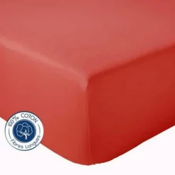 Tradilinge Drap Housse coton bonnet 23 cm fabriqué en France (160x190 cm - Rouge Orangé)