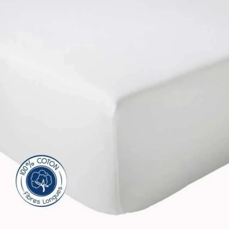 Tradilinge Drap Housse coton bonnet 23 cm fabriqué en France (140x190 cm - Blanc) New